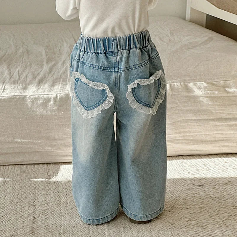 Girls Lace Straight Leg Jeans 2025 Spring Children Clothing Pants Children Korean Wide Leg Denim Pants Shello's Creative Boutique