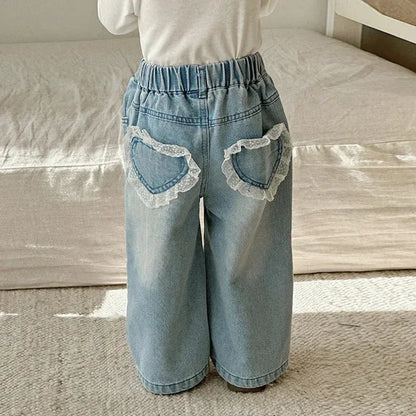 Girls’ Lace Straight-Leg Jeans – Spring 2025 Korean-Inspired Wide-Leg Denim - Shello's Creative Boutique