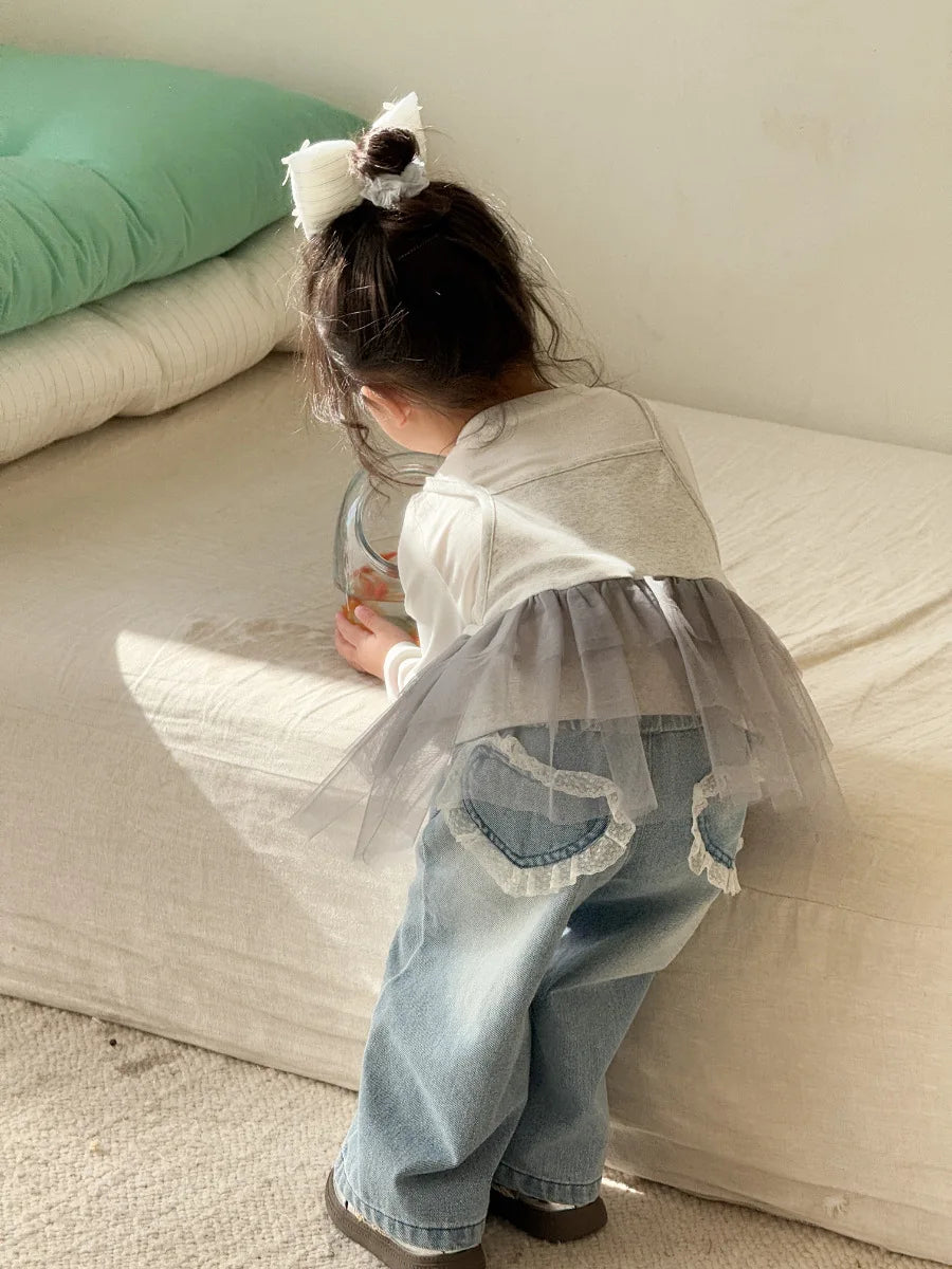 Girls Lace Straight Leg Jeans 2025 Spring Children Clothing Pants Children Korean Wide Leg Denim Pants Shello's Creative Boutique