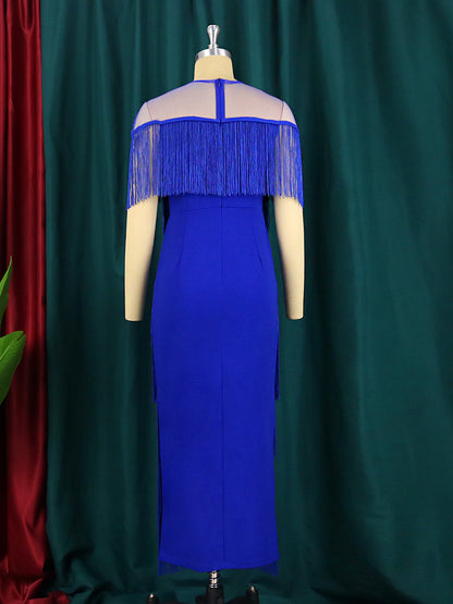 Plus Size Tassel Bodycon Dress - Mesh Patchwork Evening Gown - Shello's Creative Boutique