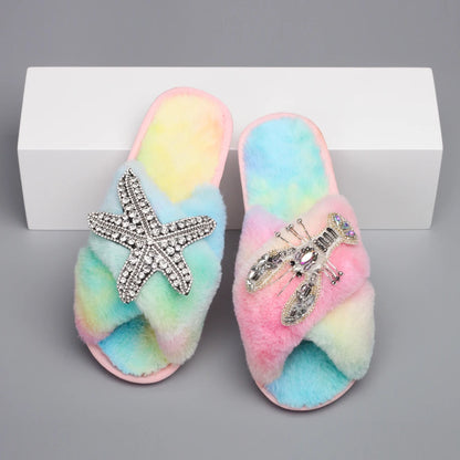 Women's Fur Slides - Fluffy Cross Strap Slippers with Starfish Lobster Decor - Shello's Creative Boutique