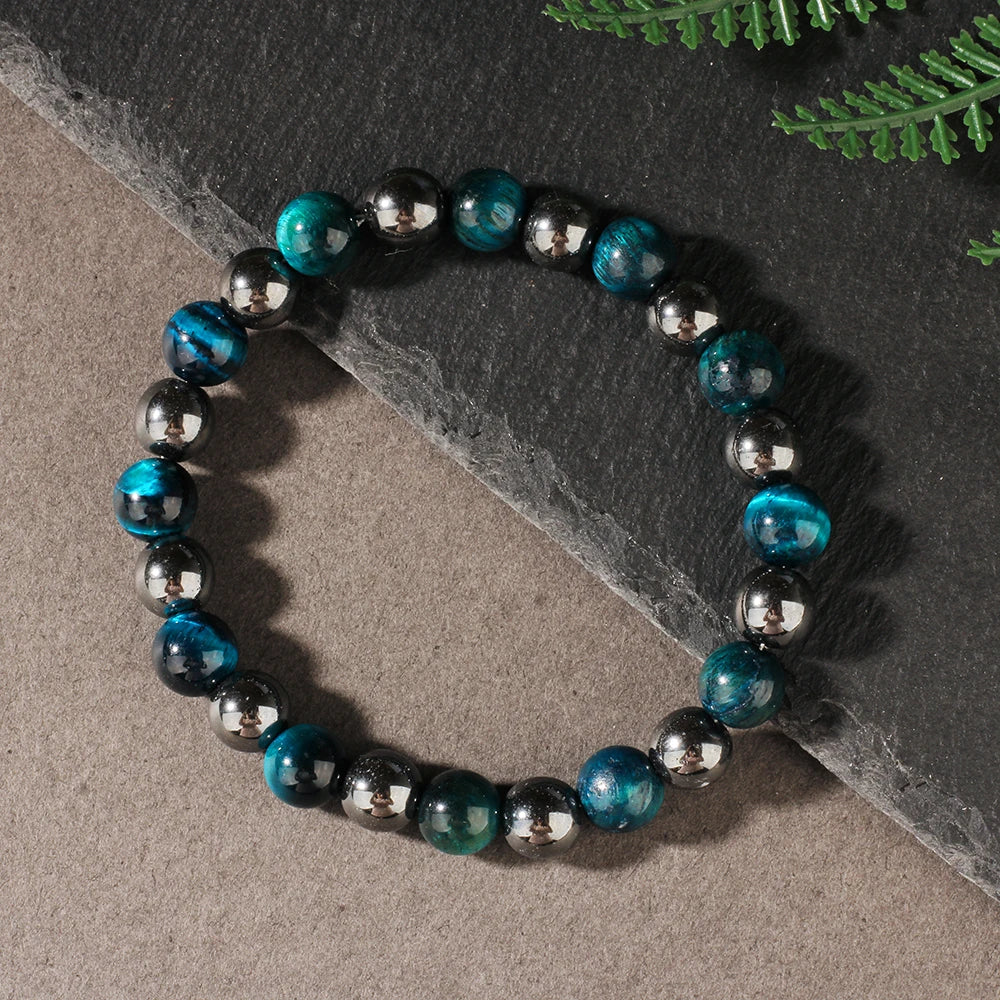 Natural Blue Tiger Eye Stone Bracelet – Unisex Handmade Stretch Beaded Bangle