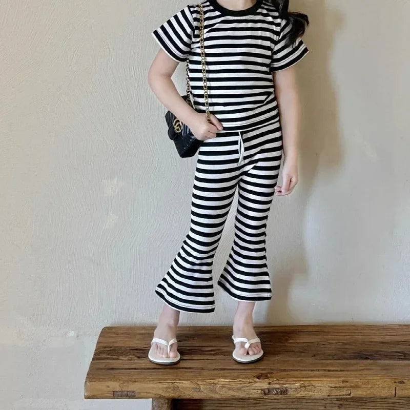 Girls’ Summer Line-Drawing 2-Piece Set – Striped Art-Inspired Tee & Wide-Leg Culottes Shello's Creative Boutique