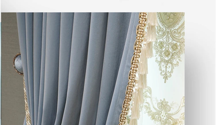 Modern European Luxury Curtains - Blue Velvet Spliced Tassel with Embroidered Tulle