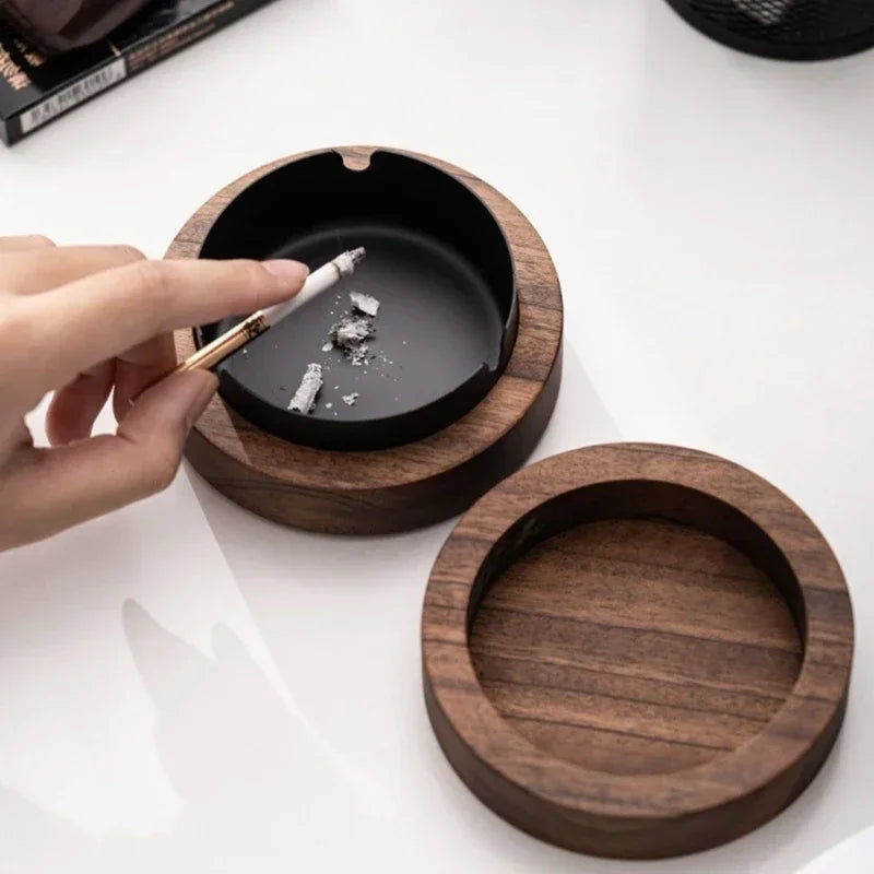 Stainless Steel & Walnut Wood Desktop Ashtray with Lid – Windproof