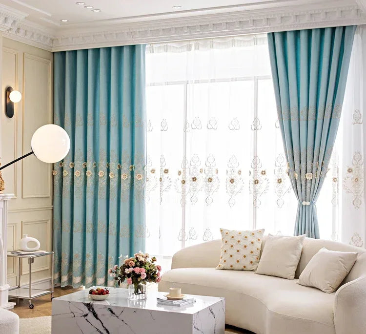 European Modern Blackout Curtains - Luxury Embroidered Tulle Villa Valance for Living Room & Bedroom