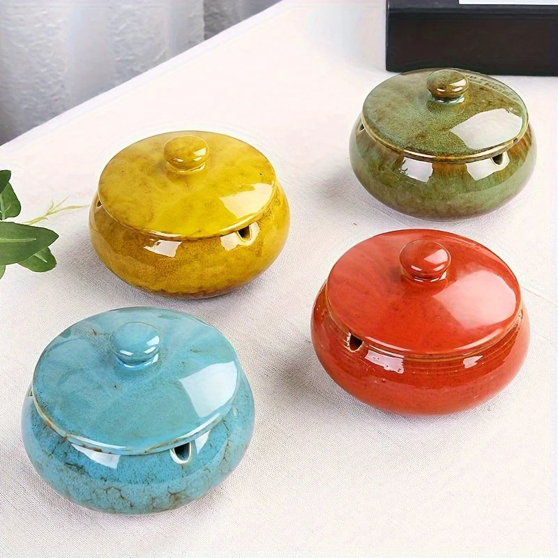 European Ceramic Ashtray with Lid – Kiln Glaze Retro Desktop Ash Tray