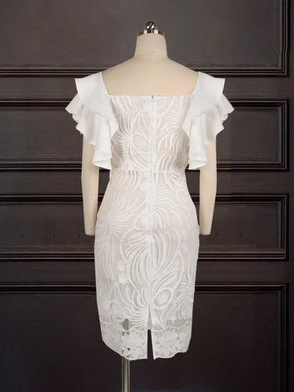 White Lace Dress - Ruffle Sleeve Knee-Length Party Dress - Shello's Creative Boutique
