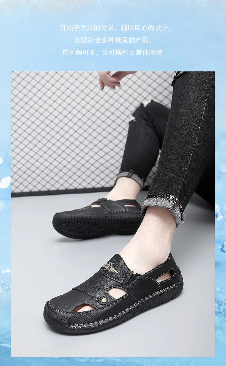 Men's Genuine Leather Beach Sandals - Breathable Hollow-Out Non-Slip Casual Slides