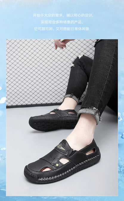 Men's Genuine Leather Beach Sandals - Breathable Hollow-Out Non-Slip Casual Slides