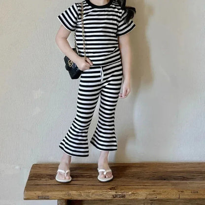 Girls’ Summer Line-Drawing 2-Piece Set – Striped Art-Inspired Tee & Wide-Leg Culottes - Shello's Creative Boutique