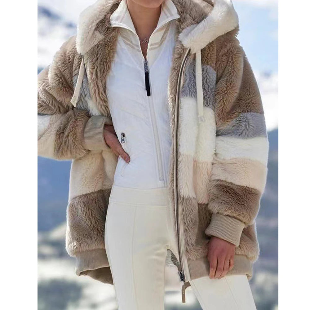 Women's Winter Hooded Coat 2026 - Thick Cashmere Plaid Stitched Jacket with Zipper - Shello's Creative Boutique