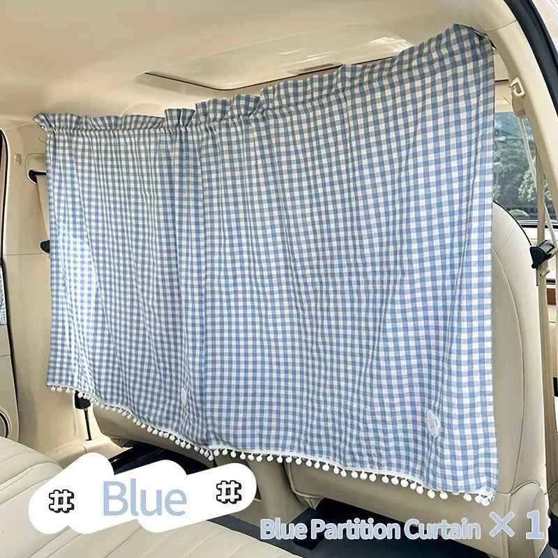 A Set of Car Interior Partition Curtains - Checkered Car Partition Curtains, Sunshade Car Curtains, Cute Bear Design Retractable