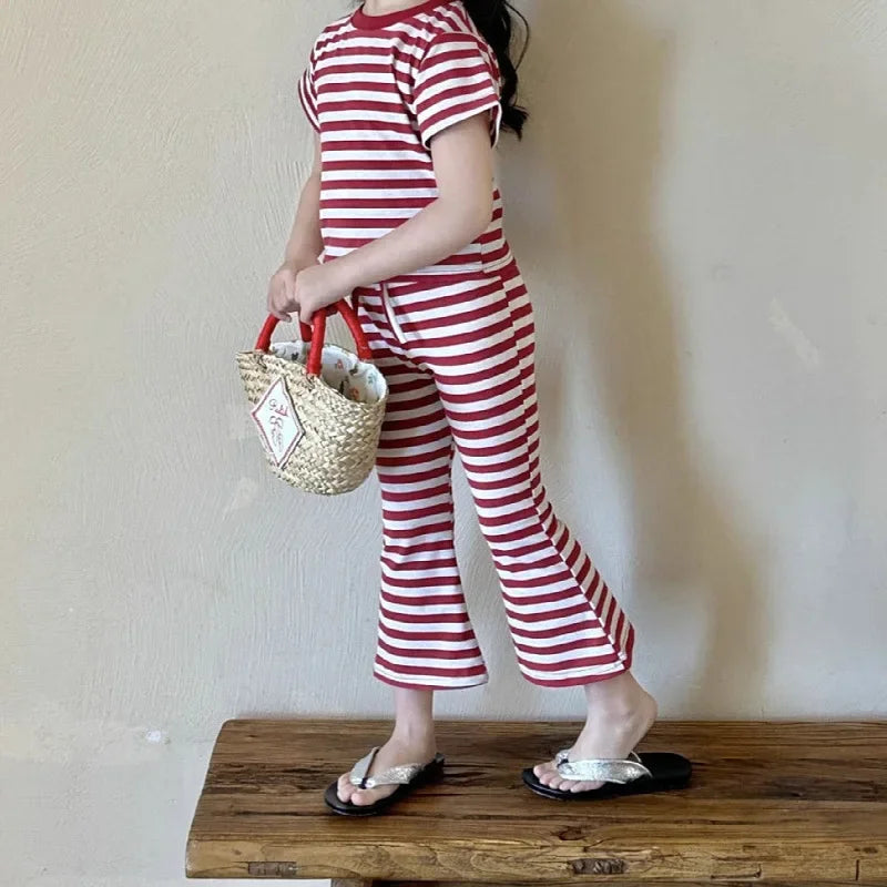 Girls’ Summer Line-Drawing 2-Piece Set – Striped Art-Inspired Tee & Wide-Leg Culottes Shello's Creative Boutique