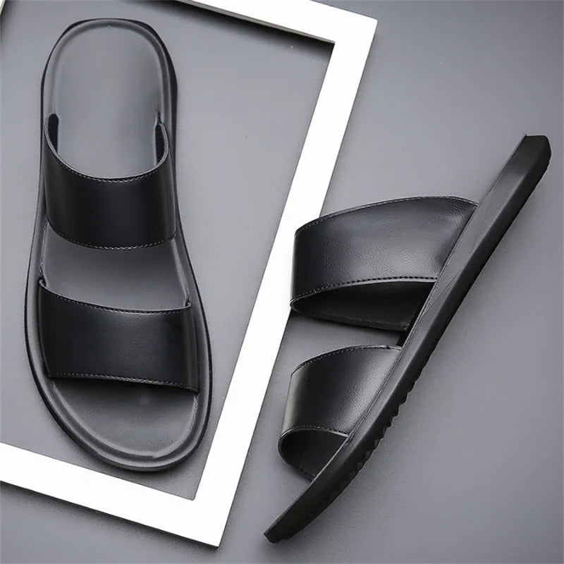 Men's Luxury Leather - Non-Slip Beach Sandals & Flat Casual Slides (Large Size 48) - Shello's Creative Boutique