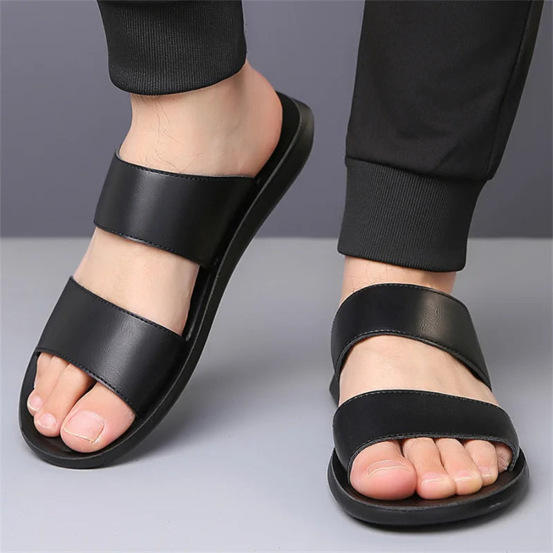 Men's Luxury Leather - Non-Slip Beach Sandals & Flat Casual Slides (Large Size 48) - Shello's Creative Boutique