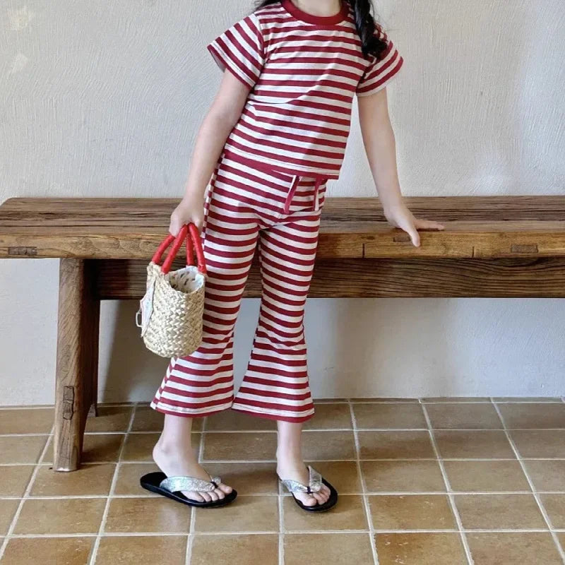 Girls’ Summer Line-Drawing 2-Piece Set – Striped Art-Inspired Tee & Wide-Leg Culottes Shello's Creative Boutique