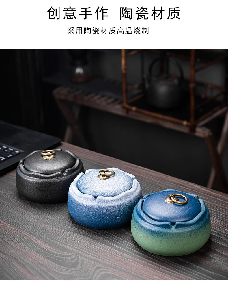 Creative Ceramic Ashtray with Lid – Anti-Fly Ash Desktop Ornament, 18 Styles