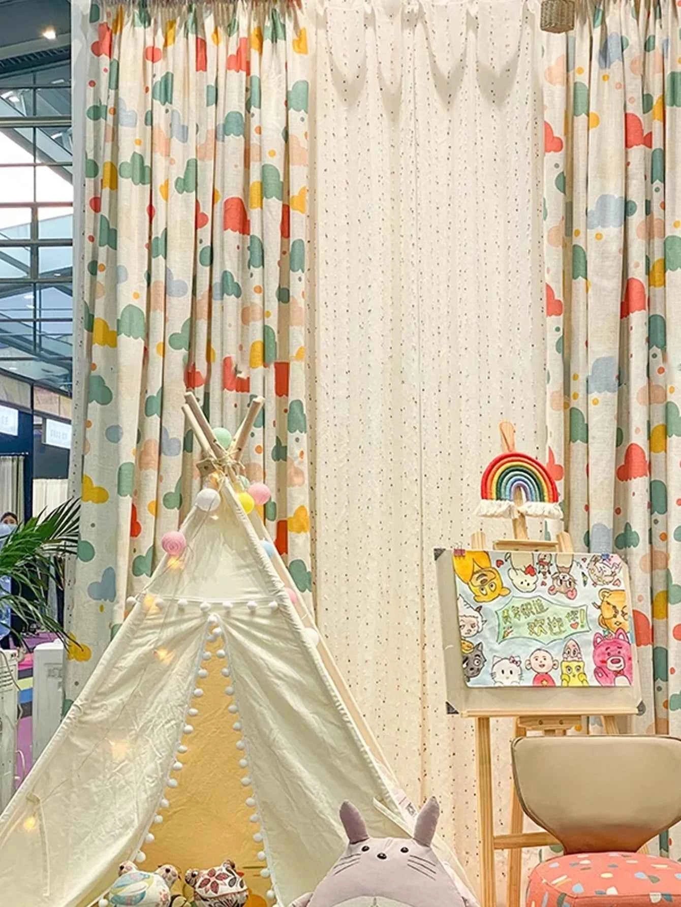New cartoon children's room curtains color clouds cute environmental protection cotton linen boy room girl room bedroom landing