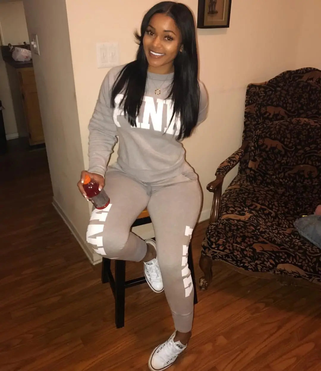 Women's letter-print set: gray long-sleeve top and jogger pants with white NLA side print