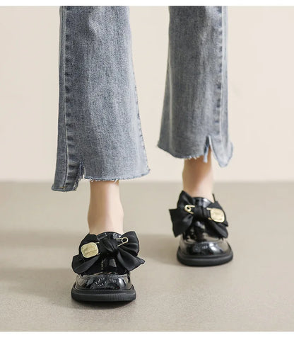 Women's British Style Leather Flats - Retro Bow Soft Sole Shoes - Shello's Creative Boutique