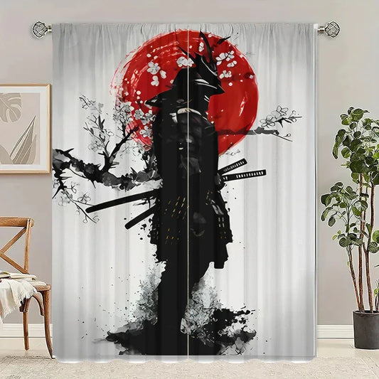 Samurai Print Curtains - Japanese Style Polyester Drapes (2 Pack) - Shello's Creative Boutique