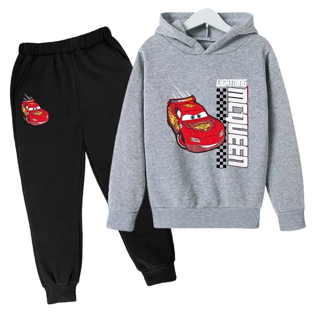 MINISO Kids' Lightning McQueen 2-Piece Tracksuit – Unisex Hooded Sweatshirt & Pants Set Shello's Creative Boutique