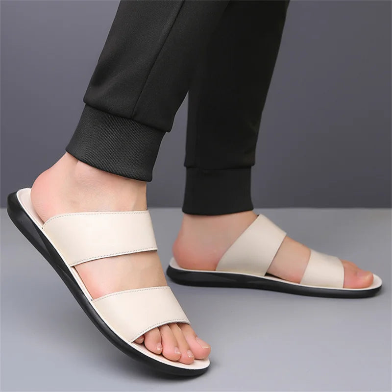 Men's Luxury Leather - Non-Slip Beach Sandals & Flat Casual Slides (Large Size 48) - Shello's Creative Boutique