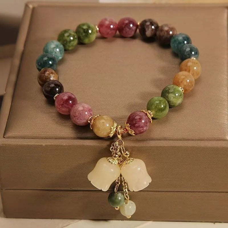 Colourful Tourmaline Crystal Beaded Bracelet with Orchid Pendant – Unisex Gift