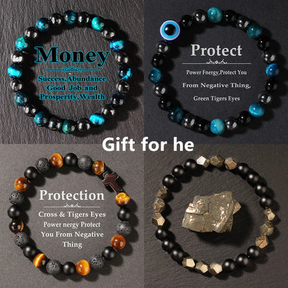 Natural Blue Tiger Eye Stone Bracelet – Unisex Handmade Stretch Beaded Bangle