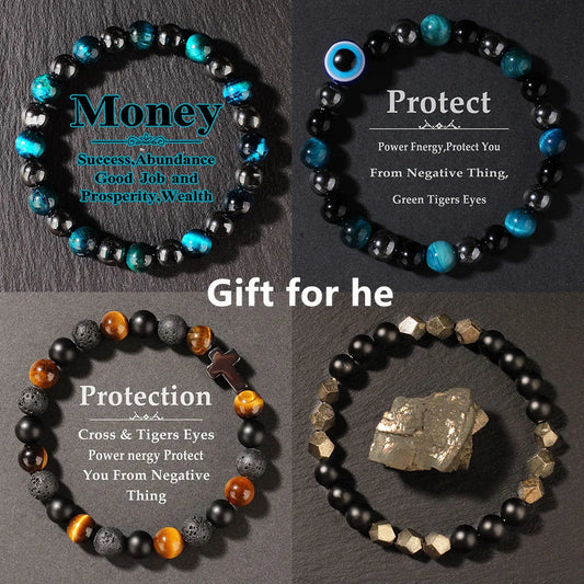 Natural Blue Tiger Eye Stone Bracelet – Unisex Handmade Stretch Beaded Bangle