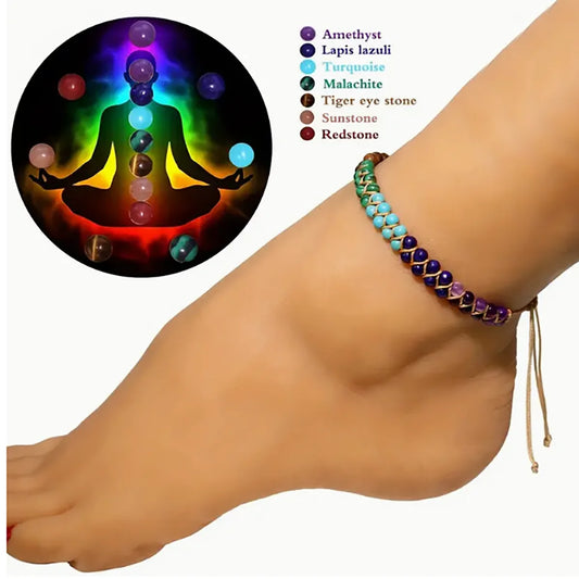 7 Chakras Boho Ankle Bracelet – Double-Layer Braided Turquoise Beach Jewellery