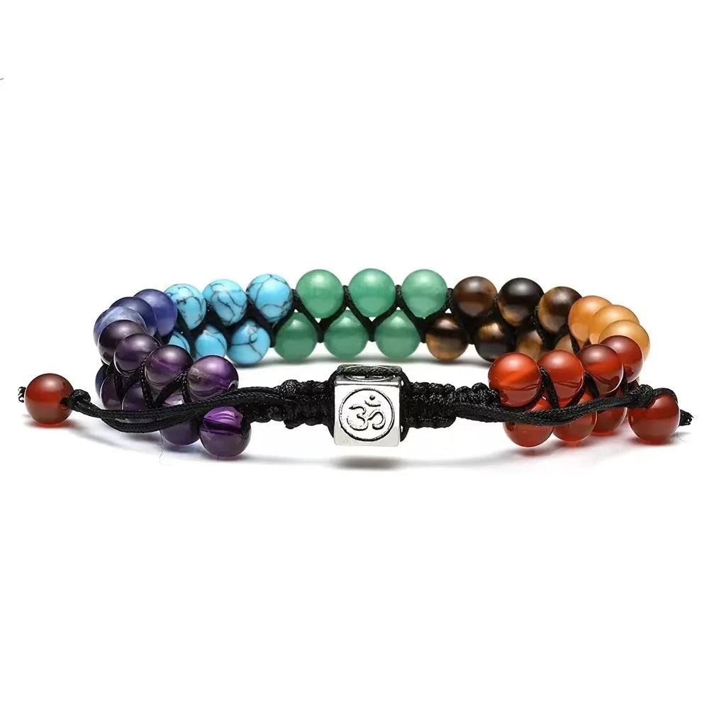 7 Chakra Multi-Layer Natural Stone Beaded Bracelet – Adjustable Woven Rope