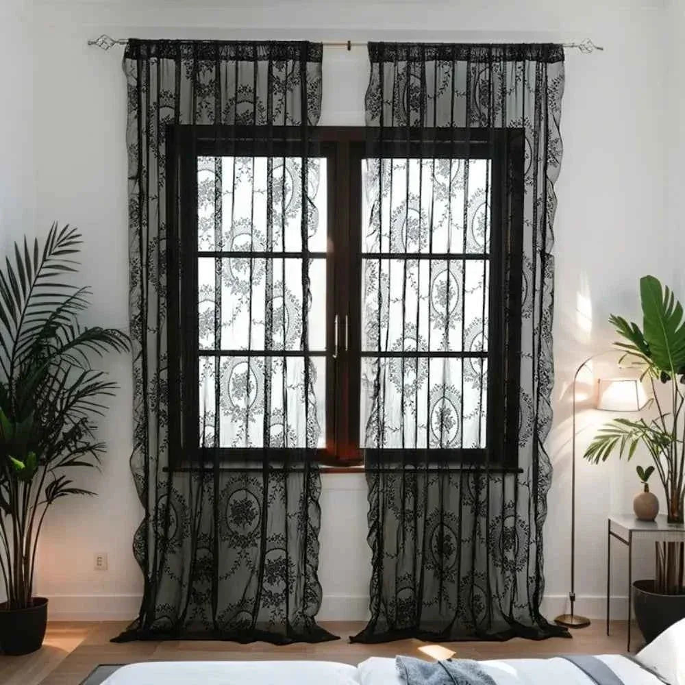 French Lace Sheer Curtains - Romantic Ruffled Floral Embroidery (2 Panels) - Shello's Creative Boutique