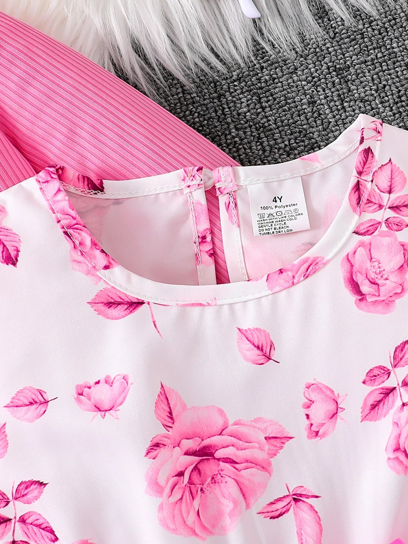 Children's clothing girl autumn fashion casual pink floral dress set 2-piece set - pink round neck vest+pink floral skirt Shello's Creative Boutique