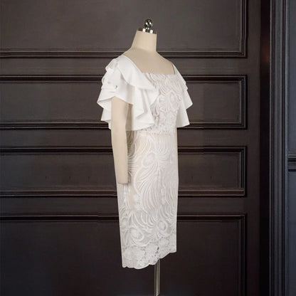 White Lace Dress - Ruffle Sleeve Knee-Length Party Dress - Shello's Creative Boutique