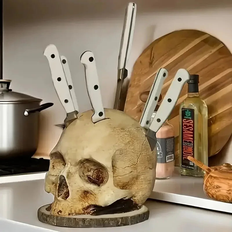Skull Knife Holder Stand – Gothic Kitchen Knife Rack for Halloween & Home Décor