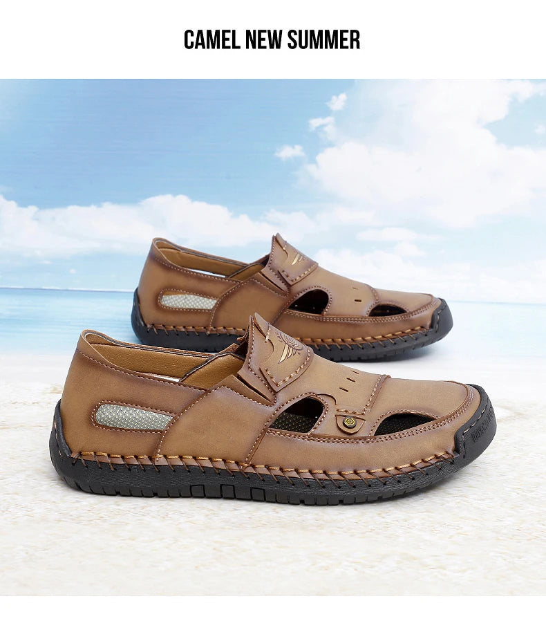 Men's Genuine Leather Beach Sandals - Breathable Hollow-Out Non-Slip Casual Slides