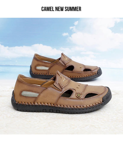 Men's Genuine Leather Beach Sandals - Breathable Hollow-Out Non-Slip Casual Slides