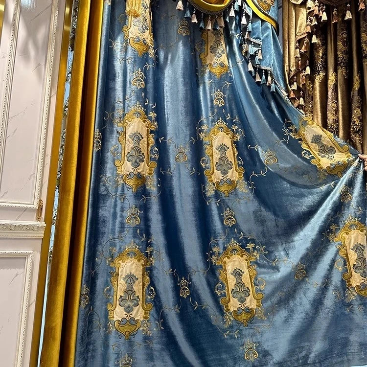 French European Blue Velvet Blackout Curtains - Custom Bay Window Drapes with Tulle Valance