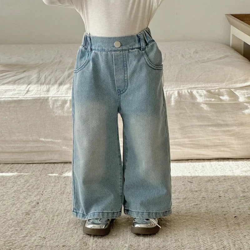 Girls Lace Straight Leg Jeans 2025 Spring Children Clothing Pants Children Korean Wide Leg Denim Pants Shello's Creative Boutique
