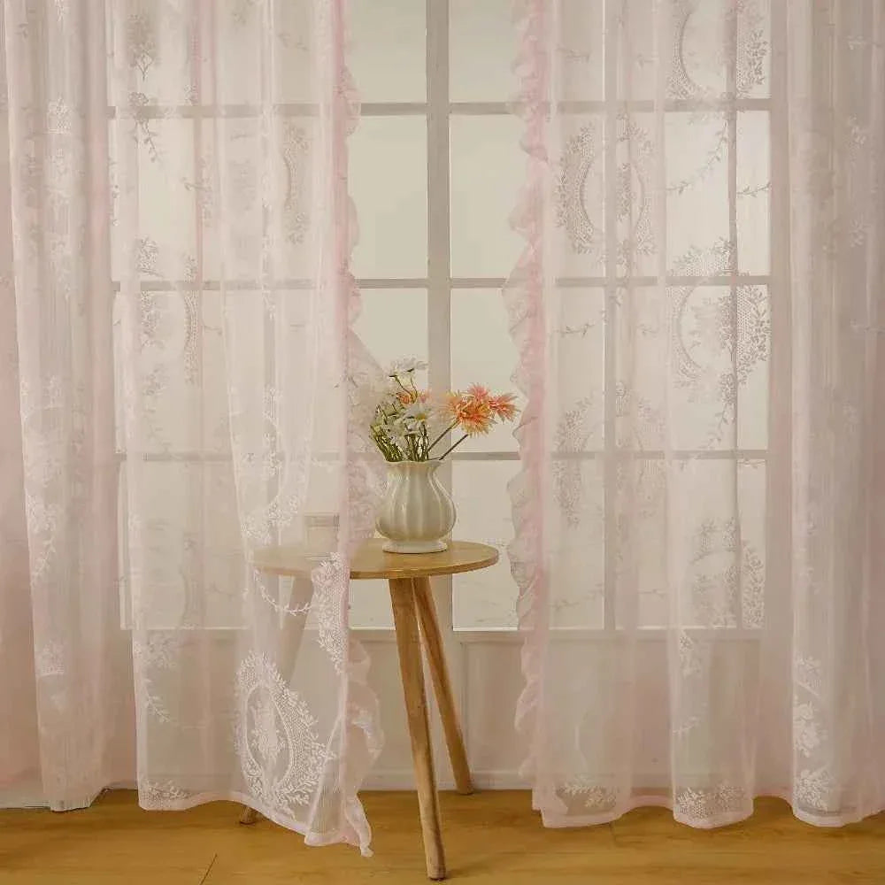 French Lace Sheer Curtains - Romantic Ruffled Floral Embroidery (2 Panels) - Shello's Creative Boutique