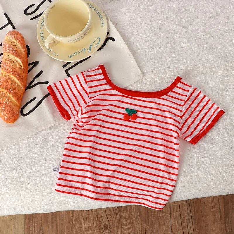 Striped Square Collar Baby Girl Summer Tee – MINISO Short Sleeve Casual Top for Ages 3M–5Y Shello's Creative Boutique