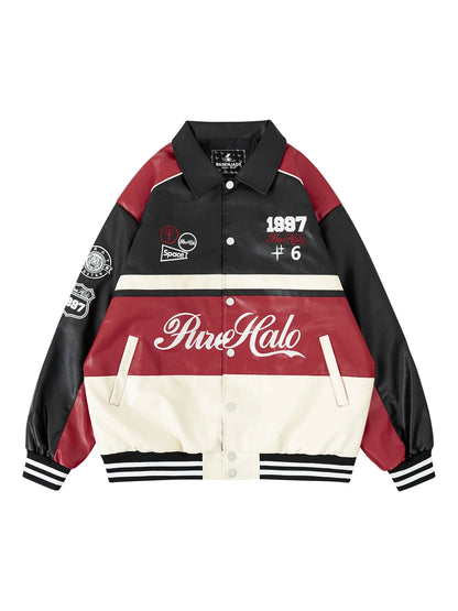 Women's Faux Leather Jacket Motorcycle Bomber Windproof Coat Spring&Autumn Warm Plus Size Baseball Coat Color-blocked Embroidery - Shello's Creative Boutique