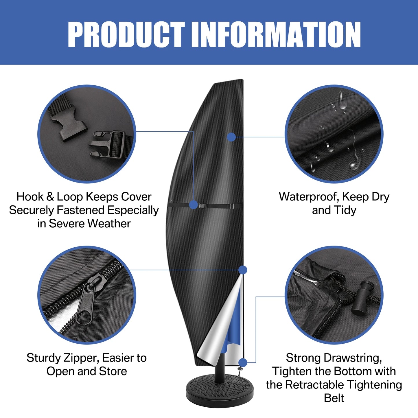 Parasol Rain Cover 210D Oxford Fabric – Waterproof UV-Resistant Patio Umbrella Storage Cover
