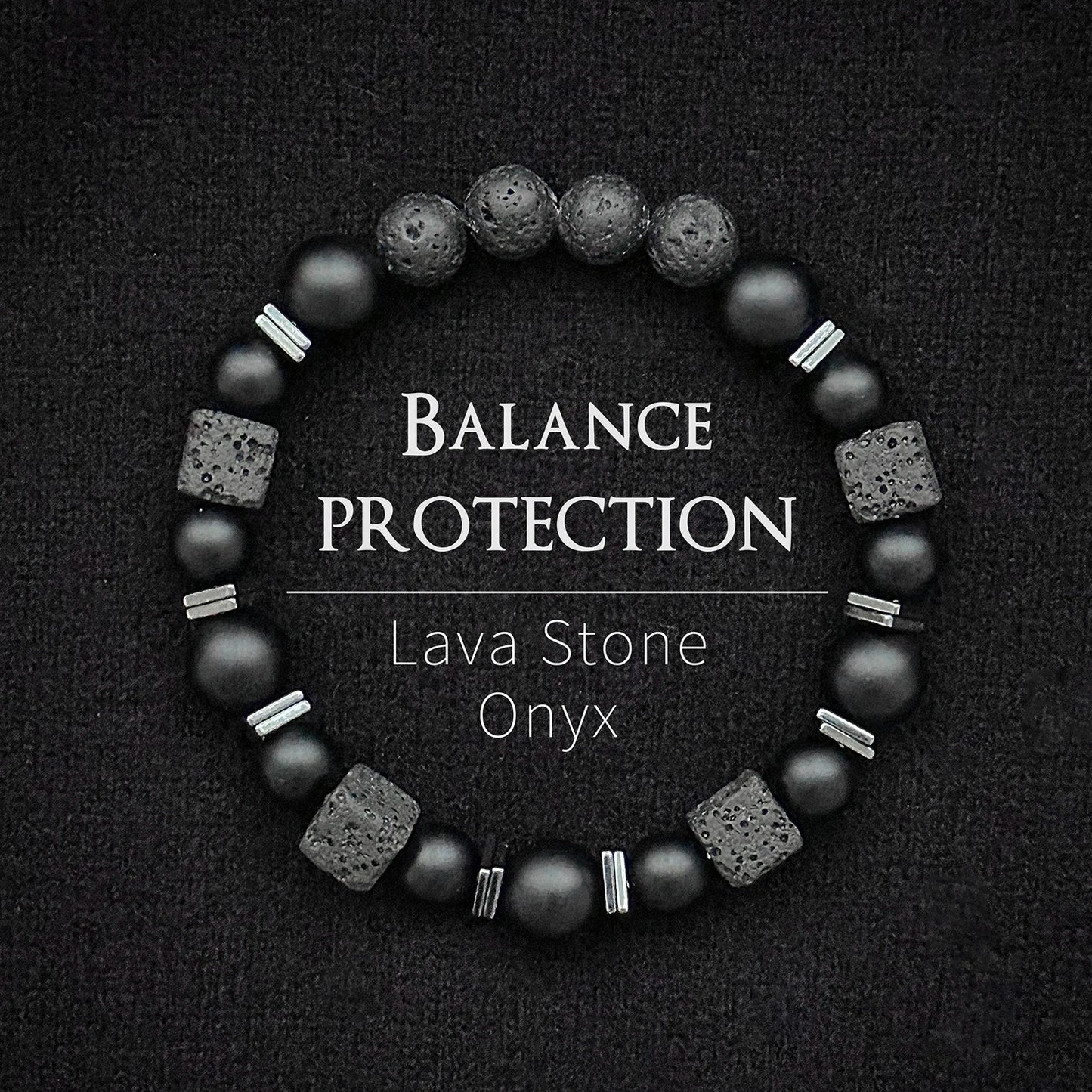 Natural Matte Black Onyx & Cube Lava Bead Bracelet – Men's Vintage Stone Jewellery