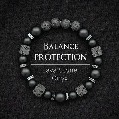 Natural Matte Black Onyx & Cube Lava Bead Bracelet – Men's Vintage Stone Jewellery