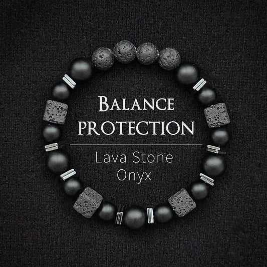Natural Matte Black Onyx & Cube Lava Bead Bracelet – Men's Vintage Stone Jewellery