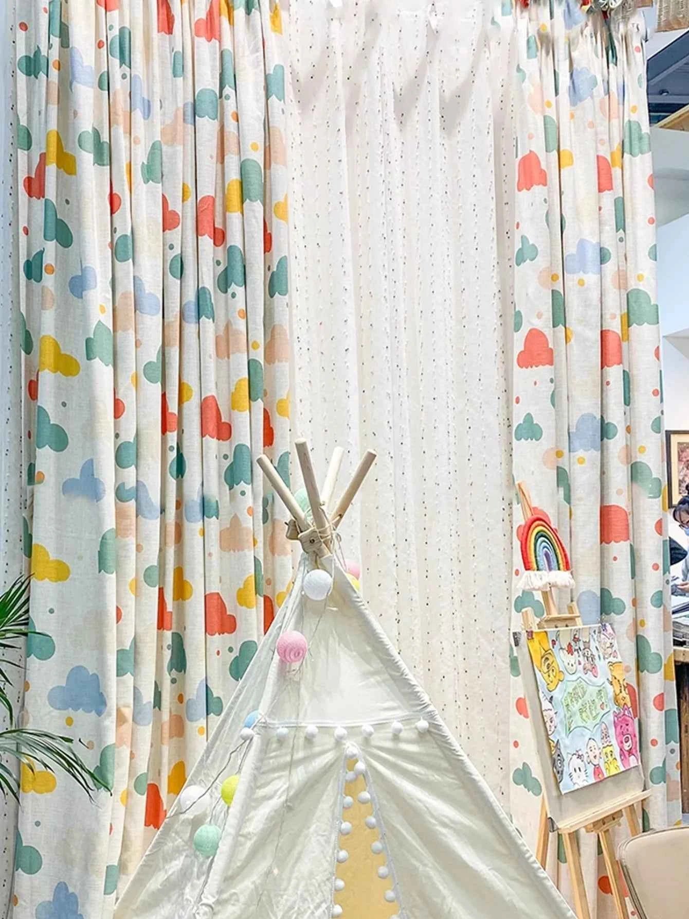 New cartoon children's room curtains color clouds cute environmental protection cotton linen boy room girl room bedroom landing