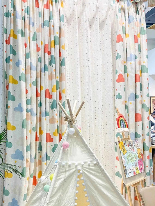 New cartoon children's room curtains color clouds cute environmental protection cotton linen boy room girl room bedroom landing
